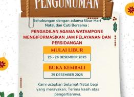 PENGUMUMAN JAM PELAYANAN KANTOR PENGADILAN AGAMA WATAMPONE